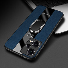 Coque Silicone Gel Motif Cuir Housse Etui avec Support Bague Anneau Aimante Magnetique PB1 pour Xiaomi Poco X5 5G Bleu