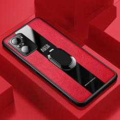 Coque Silicone Gel Motif Cuir Housse Etui avec Support Bague Anneau Aimante Magnetique PB1 pour Xiaomi Redmi K40 Pro 5G Rouge