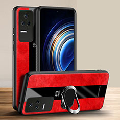 Coque Silicone Gel Motif Cuir Housse Etui avec Support Bague Anneau Aimante Magnetique PB1 pour Xiaomi Redmi K50 Pro 5G Rouge