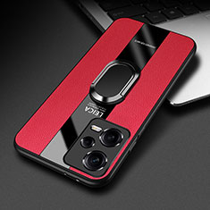 Coque Silicone Gel Motif Cuir Housse Etui avec Support Bague Anneau Aimante Magnetique PB1 pour Xiaomi Redmi Note 12 5G Rouge