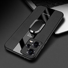 Coque Silicone Gel Motif Cuir Housse Etui avec Support Bague Anneau Aimante Magnetique PB1 pour Xiaomi Redmi Note 12 Explorer Noir
