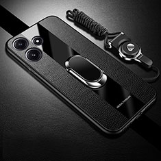 Coque Silicone Gel Motif Cuir Housse Etui avec Support Bague Anneau Aimante Magnetique PB1 pour Xiaomi Redmi Note 12R 5G Noir