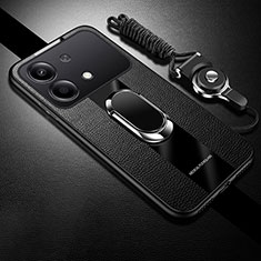 Coque Silicone Gel Motif Cuir Housse Etui avec Support Bague Anneau Aimante Magnetique PB1 pour Xiaomi Redmi Note 13R Pro 5G Noir