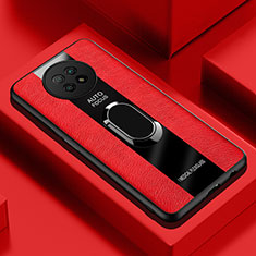 Coque Silicone Gel Motif Cuir Housse Etui avec Support Bague Anneau Aimante Magnetique PB1 pour Xiaomi Redmi Note 9T 5G Rouge