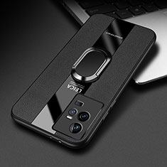 Coque Silicone Gel Motif Cuir Housse Etui avec Support Bague Anneau Aimante Magnetique PB2 pour Vivo iQOO 11 Pro 5G Noir