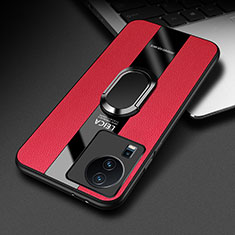 Coque Silicone Gel Motif Cuir Housse Etui avec Support Bague Anneau Aimante Magnetique PB2 pour Vivo iQOO Neo7 5G Rouge