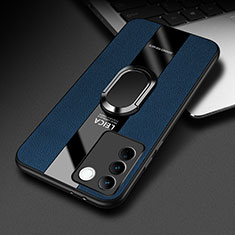 Coque Silicone Gel Motif Cuir Housse Etui avec Support Bague Anneau Aimante Magnetique PB2 pour Vivo V27 Pro 5G Bleu