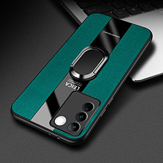 Coque Silicone Gel Motif Cuir Housse Etui avec Support Bague Anneau Aimante Magnetique PB2 pour Vivo V27e 5G Vert