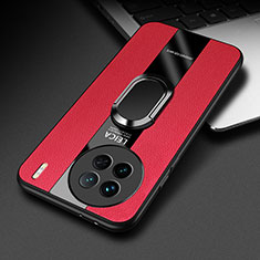 Coque Silicone Gel Motif Cuir Housse Etui avec Support Bague Anneau Aimante Magnetique PB2 pour Vivo X90 5G Rouge