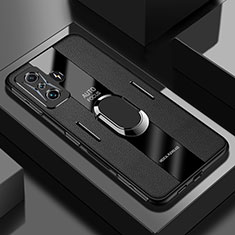 Coque Silicone Gel Motif Cuir Housse Etui avec Support Bague Anneau Aimante Magnetique PB2 pour Xiaomi Poco F4 GT 5G Noir