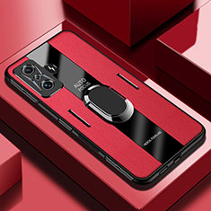 Coque Silicone Gel Motif Cuir Housse Etui avec Support Bague Anneau Aimante Magnetique PB2 pour Xiaomi Poco F4 GT 5G Rouge