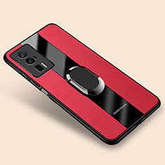 Coque Silicone Gel Motif Cuir Housse Etui avec Support Bague Anneau Aimante Magnetique PB2 pour Xiaomi Poco F5 Pro 5G Rouge