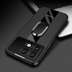 Coque Silicone Gel Motif Cuir Housse Etui avec Support Bague Anneau Aimante Magnetique PB3 pour Xiaomi Redmi K70 5G Noir