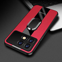 Coque Silicone Gel Motif Cuir Housse Etui avec Support Bague Anneau Aimante Magnetique PB3 pour Xiaomi Redmi K70 Pro 5G Rouge