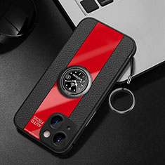 Coque Silicone Gel Motif Cuir Housse Etui avec Support Bague Anneau Aimante Magnetique pour Apple iPhone 13 Mini Rouge