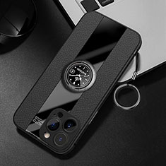 Coque Silicone Gel Motif Cuir Housse Etui avec Support Bague Anneau Aimante Magnetique pour Apple iPhone 14 Pro Max Noir