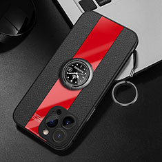 Coque Silicone Gel Motif Cuir Housse Etui avec Support Bague Anneau Aimante Magnetique pour Apple iPhone 14 Pro Max Rouge