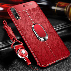 Coque Silicone Gel Motif Cuir Housse Etui avec Support Bague Anneau Aimante Magnetique pour Huawei Enjoy 10 Rouge