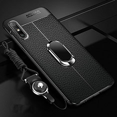 Coque Silicone Gel Motif Cuir Housse Etui avec Support Bague Anneau Aimante Magnetique pour Huawei Enjoy 10e Noir