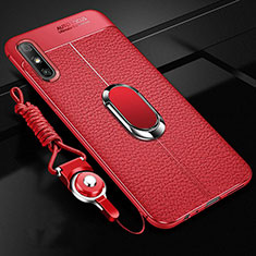 Coque Silicone Gel Motif Cuir Housse Etui avec Support Bague Anneau Aimante Magnetique pour Huawei Enjoy 10e Rouge