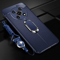 Coque Silicone Gel Motif Cuir Housse Etui avec Support Bague Anneau Aimante Magnetique pour Huawei Honor Magic4 Lite 5G Bleu