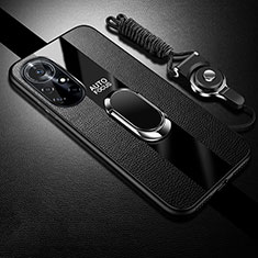 Coque Silicone Gel Motif Cuir Housse Etui avec Support Bague Anneau Aimante Magnetique pour Huawei Nova 8 Pro 5G Noir