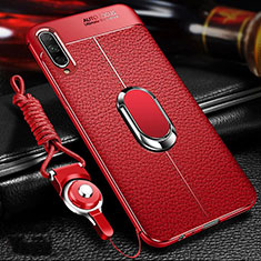 Coque Silicone Gel Motif Cuir Housse Etui avec Support Bague Anneau Aimante Magnetique pour Huawei P Smart Pro (2019) Rouge