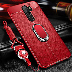 Coque Silicone Gel Motif Cuir Housse Etui avec Support Bague Anneau Aimante Magnetique pour Oppo A11 Rouge