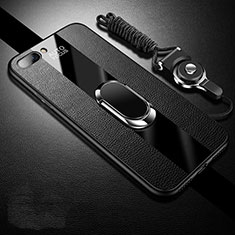 Coque Silicone Gel Motif Cuir Housse Etui avec Support Bague Anneau Aimante Magnetique pour Oppo A5 Noir