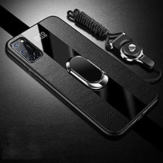 Coque Silicone Gel Motif Cuir Housse Etui avec Support Bague Anneau Aimante Magnetique pour Oppo A52 Noir