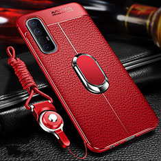 Coque Silicone Gel Motif Cuir Housse Etui avec Support Bague Anneau Aimante Magnetique pour Oppo Reno3 Pro Rouge