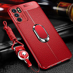 Coque Silicone Gel Motif Cuir Housse Etui avec Support Bague Anneau Aimante Magnetique pour Oppo Reno6 5G Rouge