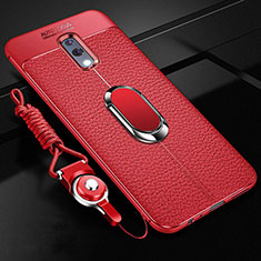 Coque Silicone Gel Motif Cuir Housse Etui avec Support Bague Anneau Aimante Magnetique pour Realme X Rouge