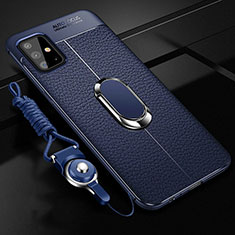 Coque Silicone Gel Motif Cuir Housse Etui avec Support Bague Anneau Aimante Magnetique pour Samsung Galaxy A51 4G Bleu