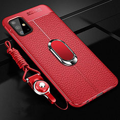 Coque Silicone Gel Motif Cuir Housse Etui avec Support Bague Anneau Aimante Magnetique pour Samsung Galaxy A51 4G Rouge