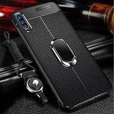 Coque Silicone Gel Motif Cuir Housse Etui avec Support Bague Anneau Aimante Magnetique pour Samsung Galaxy A70 Noir