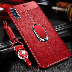 Coque Silicone Gel Motif Cuir Housse Etui avec Support Bague Anneau Aimante Magnetique pour Samsung Galaxy A70 Rouge