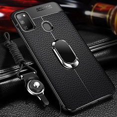 Coque Silicone Gel Motif Cuir Housse Etui avec Support Bague Anneau Aimante Magnetique pour Samsung Galaxy M21 Noir