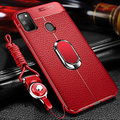 Coque Silicone Gel Motif Cuir Housse Etui avec Support Bague Anneau Aimante Magnetique pour Samsung Galaxy M21 Rouge