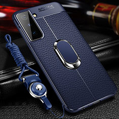 Coque Silicone Gel Motif Cuir Housse Etui avec Support Bague Anneau Aimante Magnetique pour Samsung Galaxy S22 5G Bleu