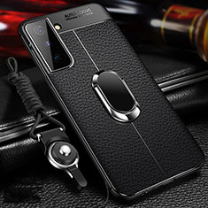 Coque Silicone Gel Motif Cuir Housse Etui avec Support Bague Anneau Aimante Magnetique pour Samsung Galaxy S22 Plus 5G Noir