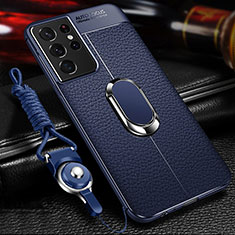 Coque Silicone Gel Motif Cuir Housse Etui avec Support Bague Anneau Aimante Magnetique pour Samsung Galaxy S23 Ultra 5G Bleu