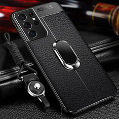 Coque Silicone Gel Motif Cuir Housse Etui avec Support Bague Anneau Aimante Magnetique pour Samsung Galaxy S23 Ultra 5G Noir