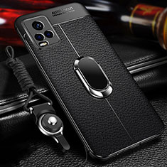 Coque Silicone Gel Motif Cuir Housse Etui avec Support Bague Anneau Aimante Magnetique pour Vivo V21s 5G Noir