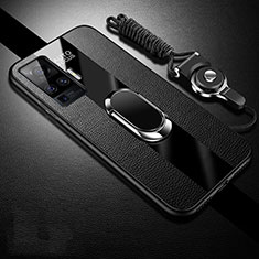 Coque Silicone Gel Motif Cuir Housse Etui avec Support Bague Anneau Aimante Magnetique pour Vivo X50 Pro 5G Noir