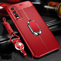 Coque Silicone Gel Motif Cuir Housse Etui avec Support Bague Anneau Aimante Magnetique pour Vivo Y11s Rouge