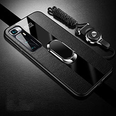 Coque Silicone Gel Motif Cuir Housse Etui avec Support Bague Anneau Aimante Magnetique pour Xiaomi Mi 10 Ultra Noir