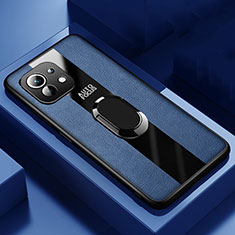 Coque Silicone Gel Motif Cuir Housse Etui avec Support Bague Anneau Aimante Magnetique pour Xiaomi Mi 11 Lite 5G Bleu