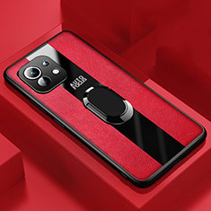 Coque Silicone Gel Motif Cuir Housse Etui avec Support Bague Anneau Aimante Magnetique pour Xiaomi Mi 11 Lite 5G NE Rouge