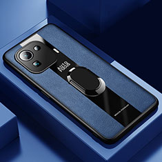 Coque Silicone Gel Motif Cuir Housse Etui avec Support Bague Anneau Aimante Magnetique pour Xiaomi Mi 11 Pro 5G Bleu